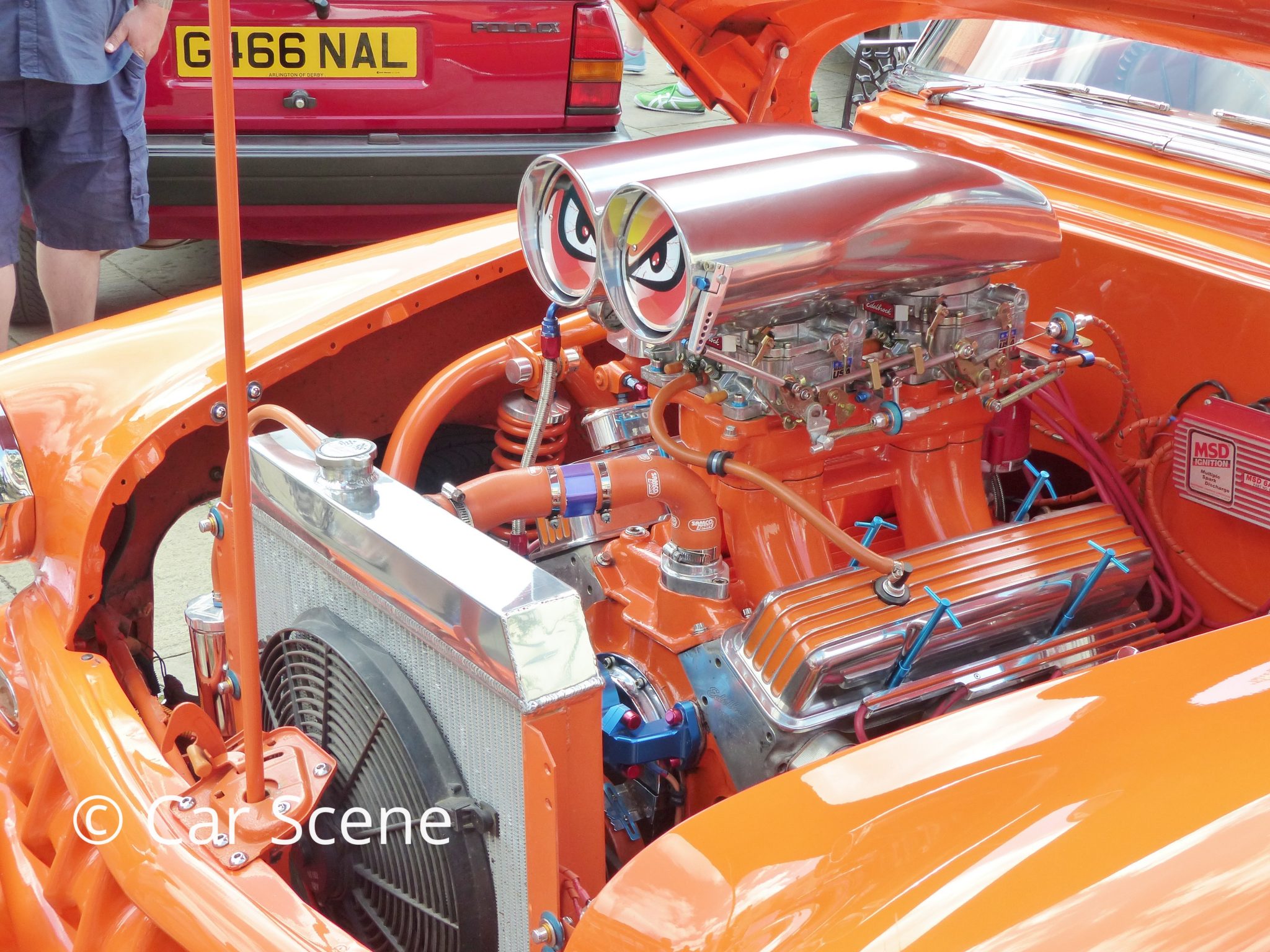 Heavily customised 1950s Chevrolet Coupe engine view