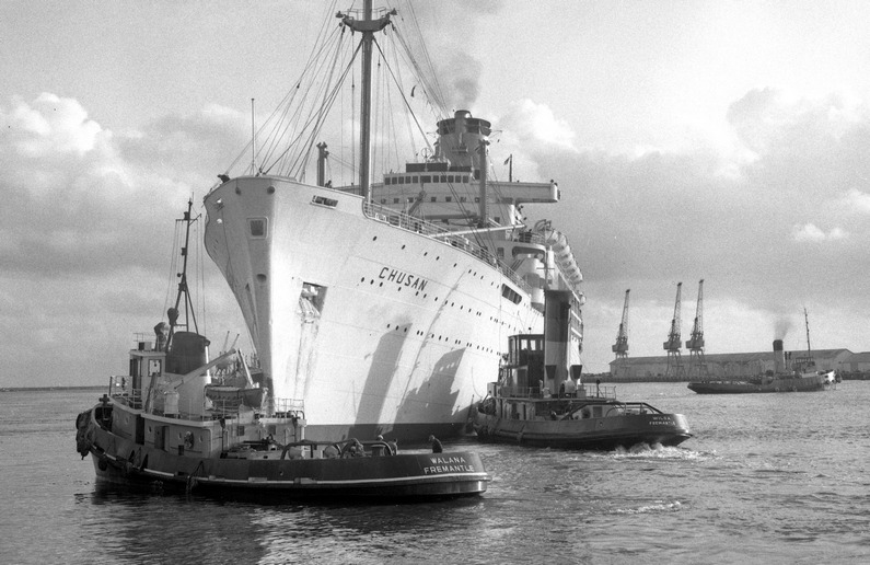 The SS Chusan being towed into Fremantle Habour 1968