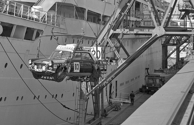 Peugeot 404 being unloaded from SS Chusan at Fremantle 1968