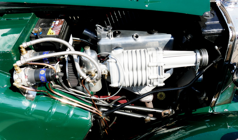 1953 MG TD with Eaton supercharger and twin fuel pumps.
