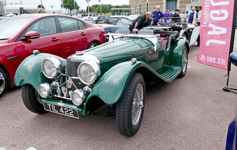 Green Jaguar SS100 at the British Motor Museum Sept. 2023.