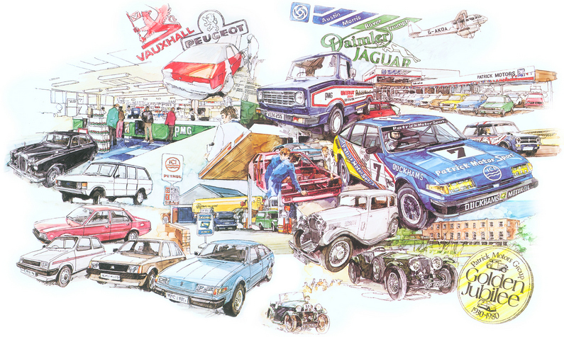 Watercolour montage celebrating Patrick Motors Golden Jubilee in 1980